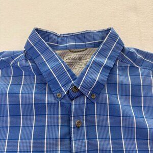 Eddie Bauer Men XXL Performance Hiking Short Sleeve Button Down Blue Plaid